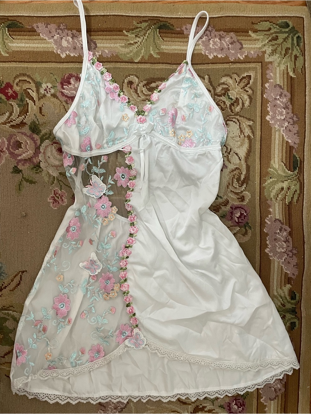 White Sheer Floral-Embroidered Chemise with Pink Accents